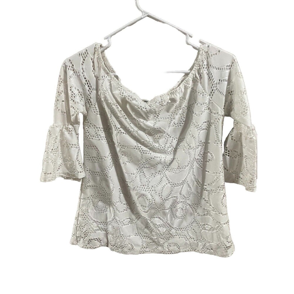 White Birch Blouse  Lace Bell Sleeve Sheer Lined Ruffle Boho Womens Size S